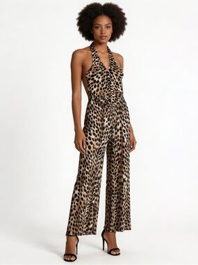 INC INTERNATIONAL CONCEPTS | Leopard Print Wide-Leg Halter Jumpsuit Sz M